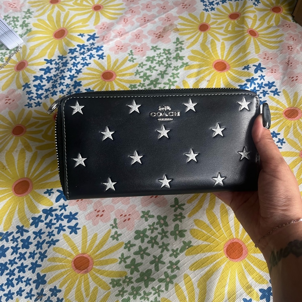 Coach leather long zip around wallet with star print